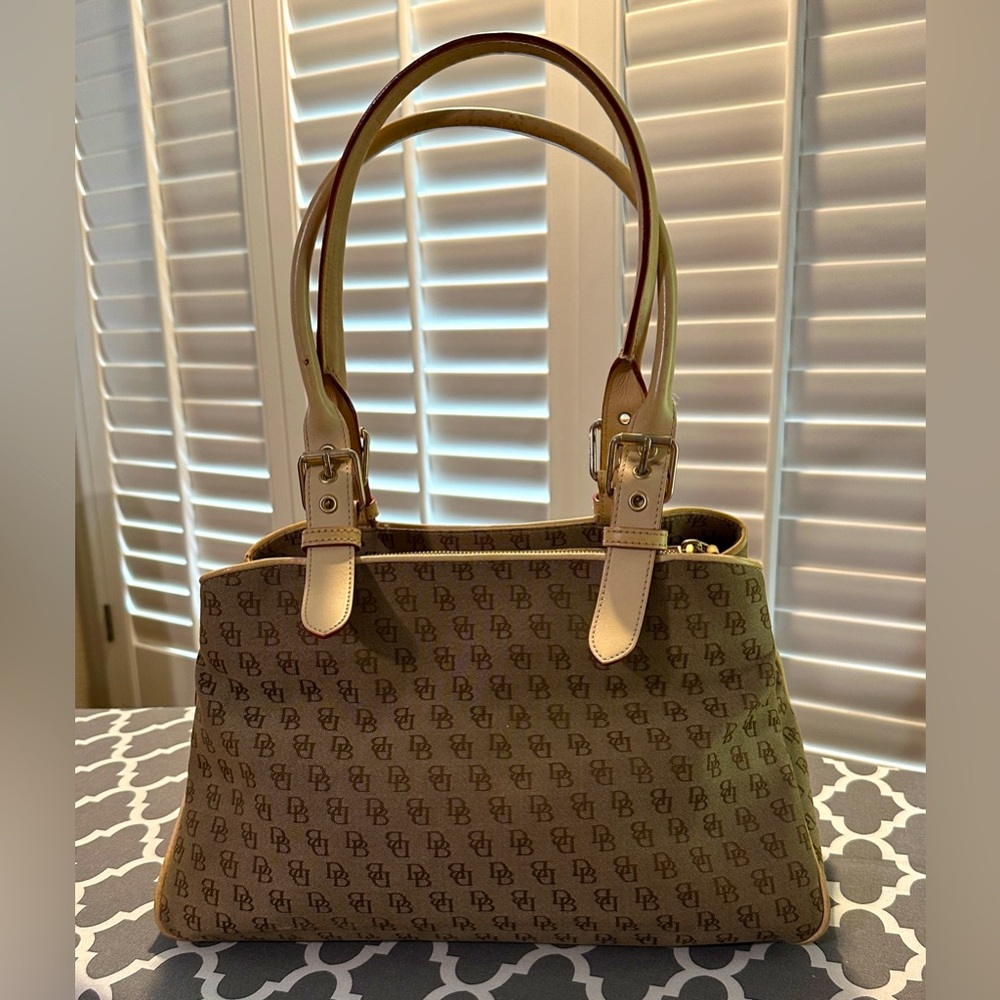 Dooney & Bourke Vintage Handbag, Fabric and Leather, Very Used, Brown with Ivory